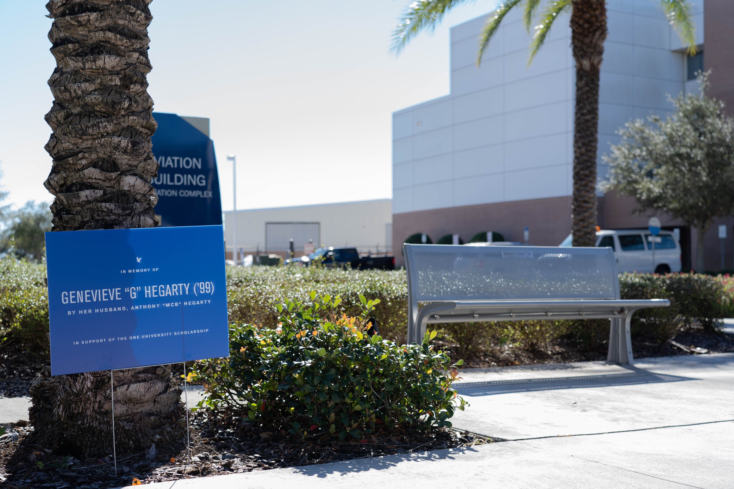 Genevieve’s memorial bench and palm tree at Embry-Riddle Aeronautical University
